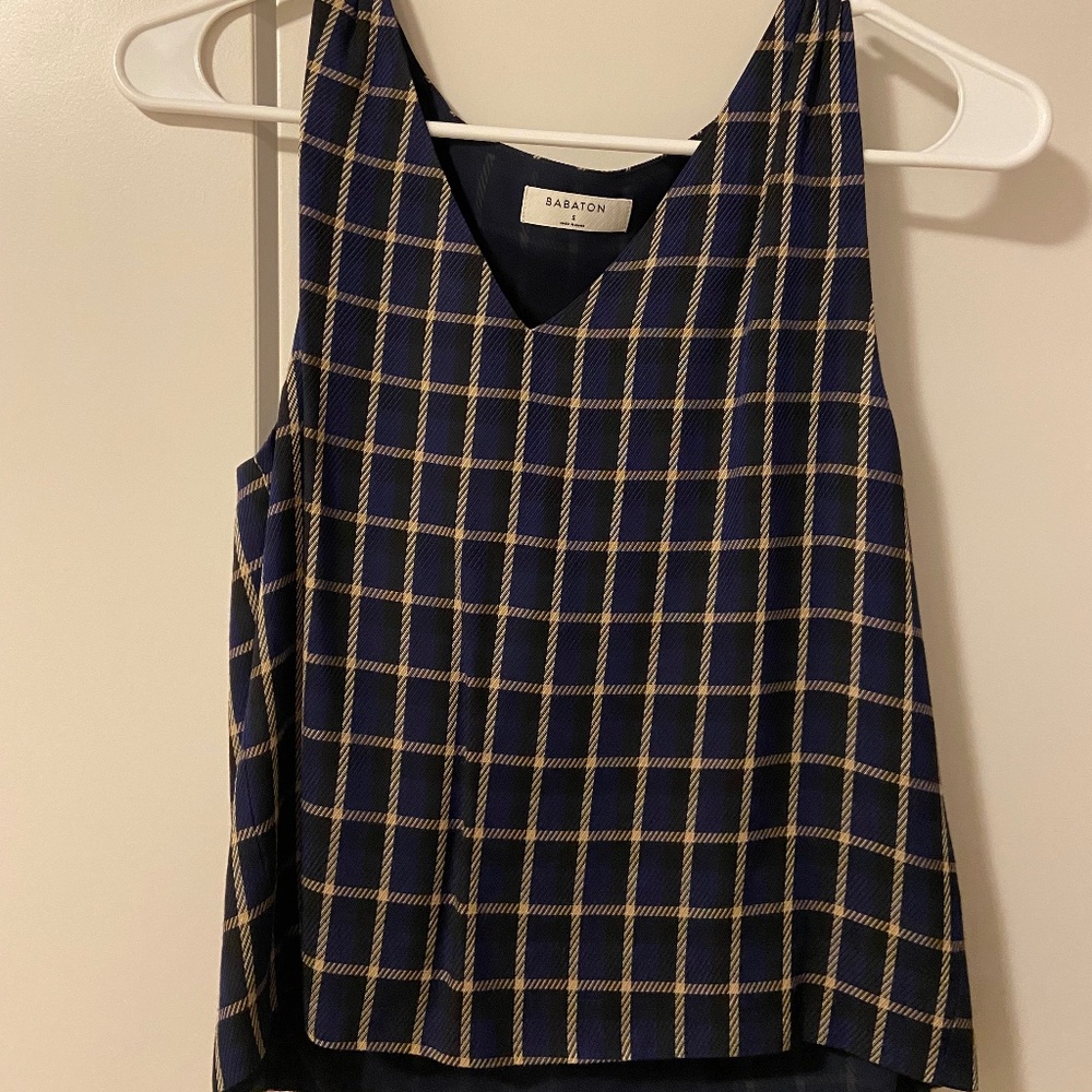 Aritzia | Babaton Navy Plaid V Neck Blouse | Size S